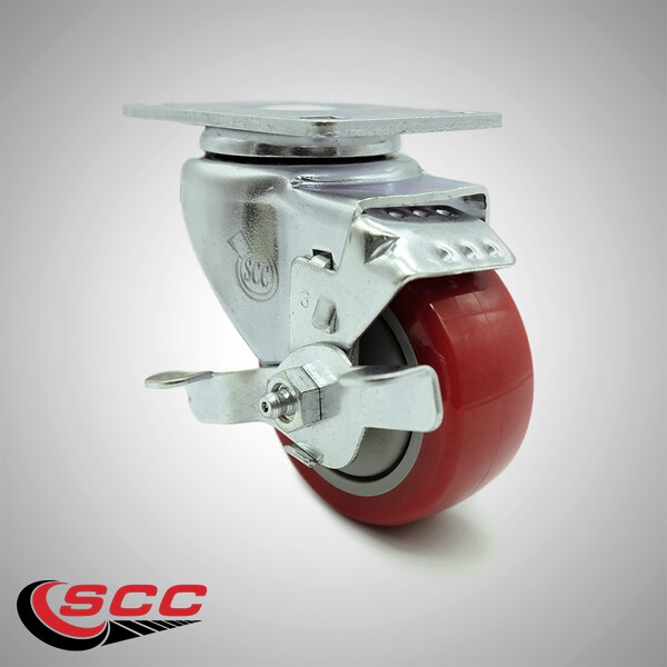 3 Inch SS Red Polyurethane Swivel Top Plate Caster with Brake